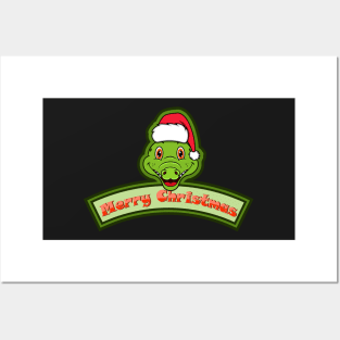 Sticker and Label Of  Crocodile Character Design and Merry Christmas Text. Posters and Art